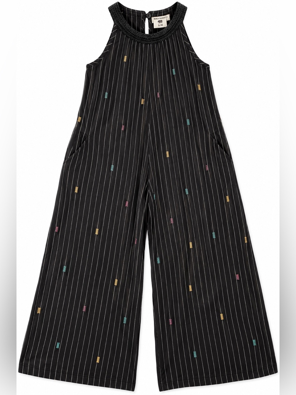 World Market Black Pinstripe Embroidered Wide Leg Jumpsuit S/M Boho